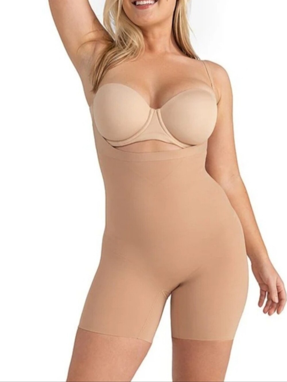 Honeylove Open-Bust Mid-Thigh Bodysuit Sand XL NWT